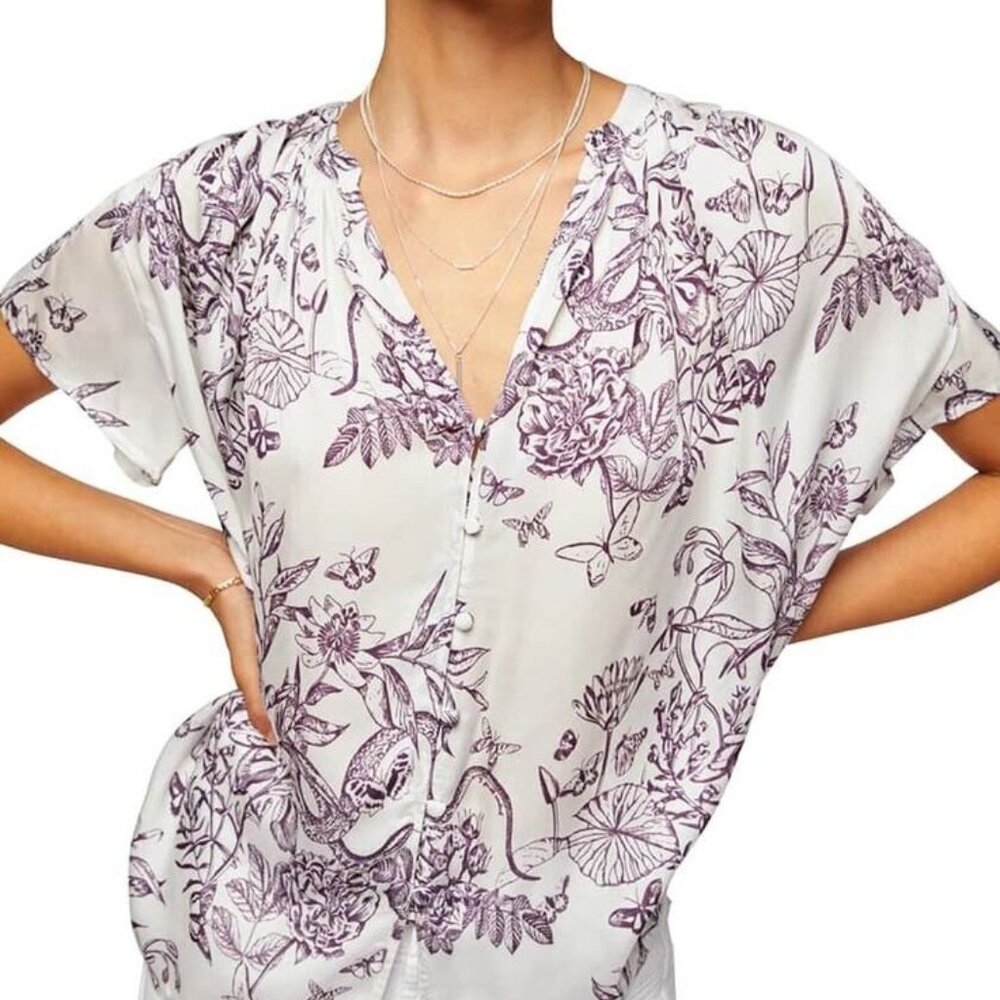 7 For All Mankind Purple White Floral Short Sleeve Top Women’s S